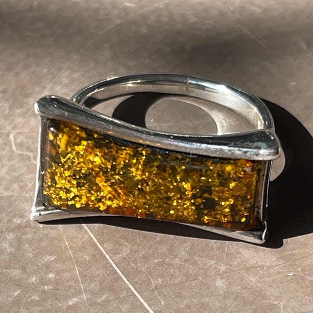 Unique shape faux amber modernist ring sterling silver size 6.75